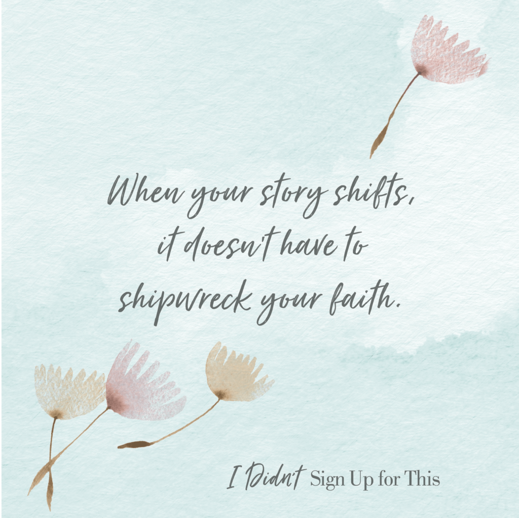 Shareable image with a quote from Sarah Frazer's book, 'I Didn't Sign Up for This,' reading: 'When your story shifts, it doesn't have to shipwreck your faith.' Encouraging words about navigating life's changes and maintaining steadfast belief.