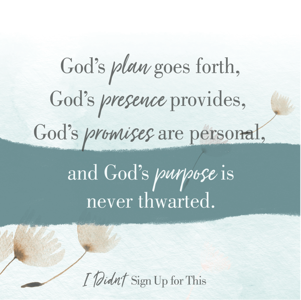 Shareable image featuring a quote from Sarah Frazer's book, 'I Didn't Sign Up for This': 'God's plan goes forth, God's presence provides, God's promises are personal, and God's purpose is never thwarted.