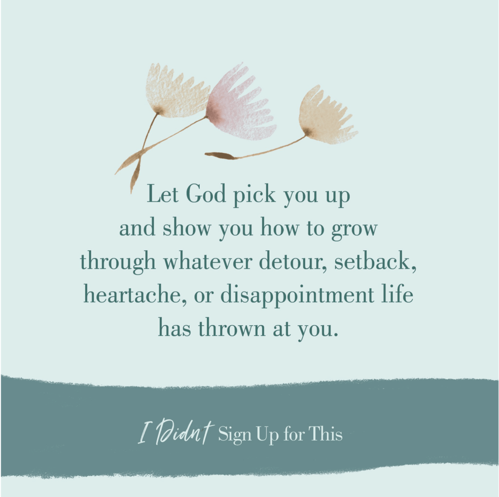 A shareable image with a quote from Sarah Frazer's book, 'I Didn't Sign Up for This': 'Let God pick you up and show you how to grow through whatever detour, setback, heartache, or disappointment life has thrown at you' - Encouragement and resilience in the face of life's challenges.