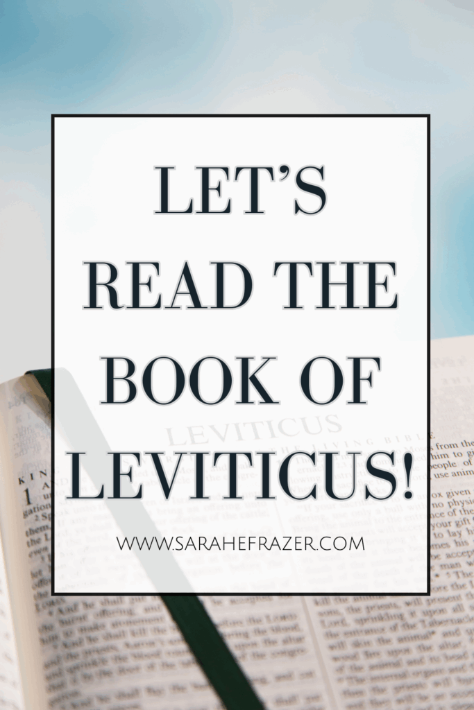 Book of Leviticus open in the Bible with black ribbon bookmark with text overlay "let's read the book of Leviticus!"