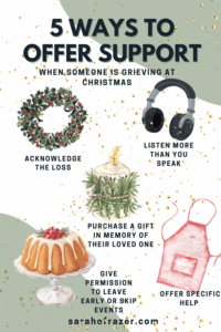 watercolor images of ways to offer support when someone is grieving at the holidays