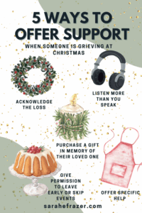 watercolor images of ways to offer support when someone is grieving at the holidays