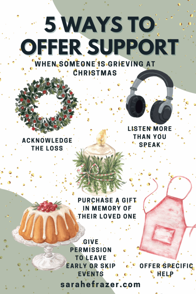 watercolor images of ways to offer support when someone is grieving at the holidays