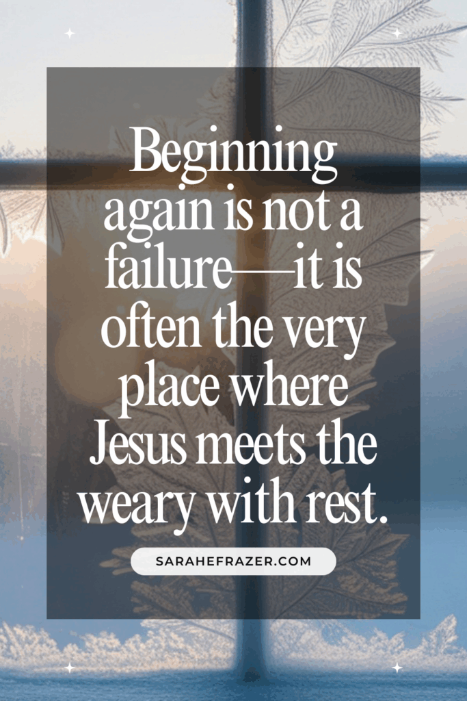 A quote about beginning again against a windowpane in the snow and morning light