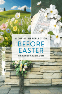 collage of spring images with flowers, Bible and cross in front of church. Text overlay reads: Christian reflection before Easter