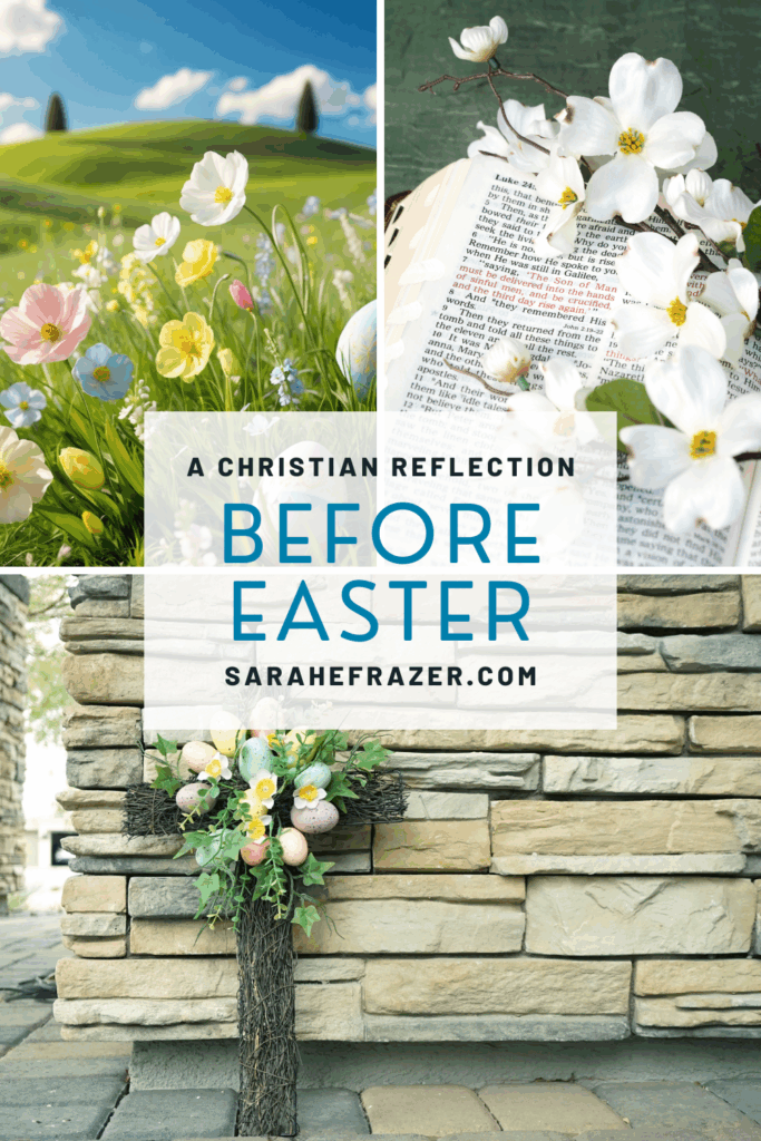 collage of spring images with flowers, Bible and cross in front of church. Text overlay reads: Christian reflection before Easter