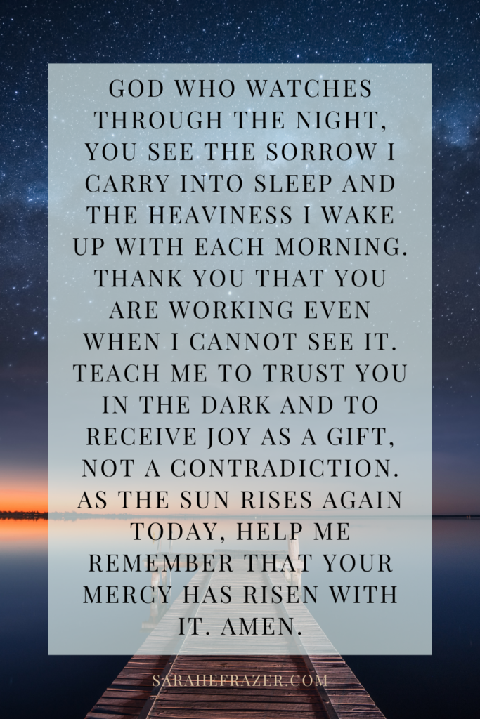 A prayer for dark night on a background of a lakeside dock at sunset