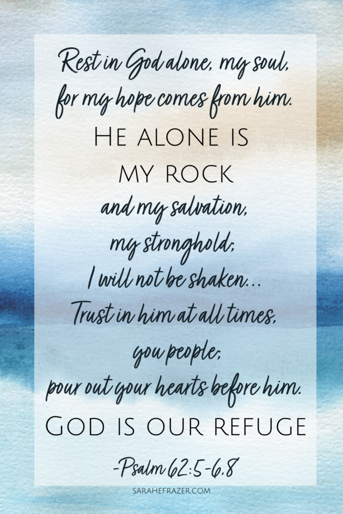 Watercolor background with blues and tans with Psalm 62: 5-6. 8 in script and sans-serif font