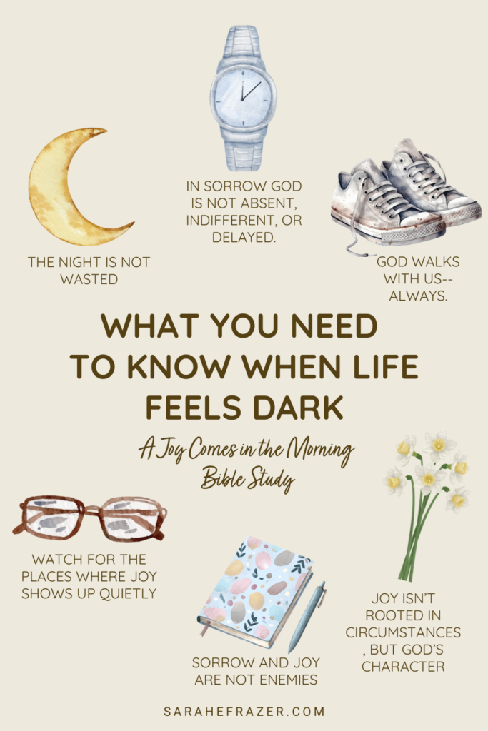 Image with watercolor illustrations around subject Joy comes in the morning Bible study