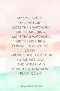 Psalm 130 6-7 in sans-serif font on watercolor gradient paper