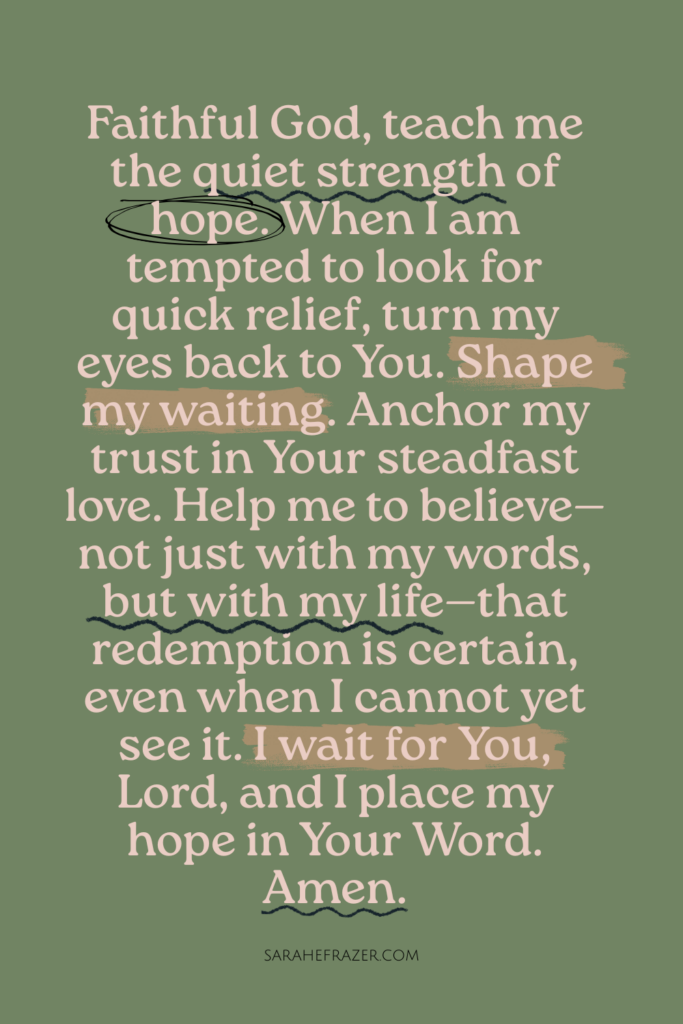 prayer of hope for lent light text on moss green background with underlines and highlights