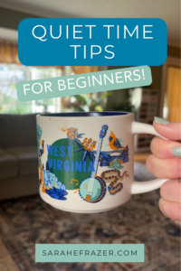 quiet time tips for beginners with mug of coffee held aloft