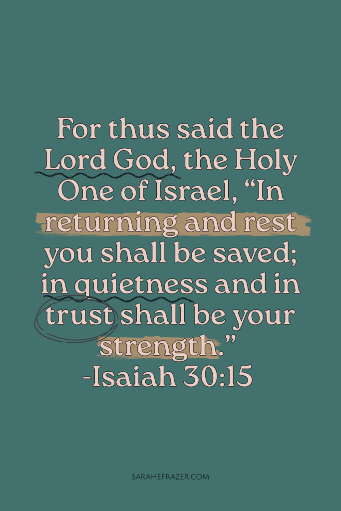 Isaiah 30:15 in tan text on teal background