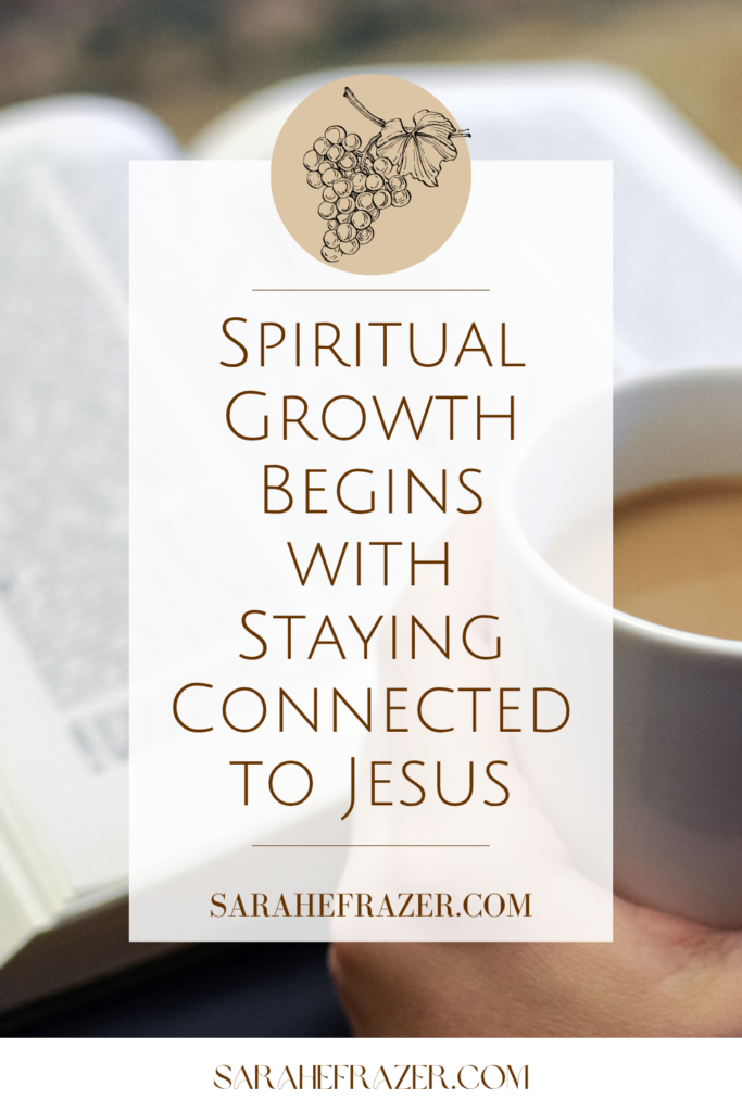 quote about spiritual growth and abiding in foreground. Background contains an open Bible and a cup of warm coffee