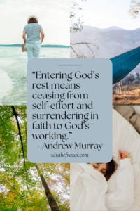 Entering God's rest quote with background of four restful images in a collage of blues and greens