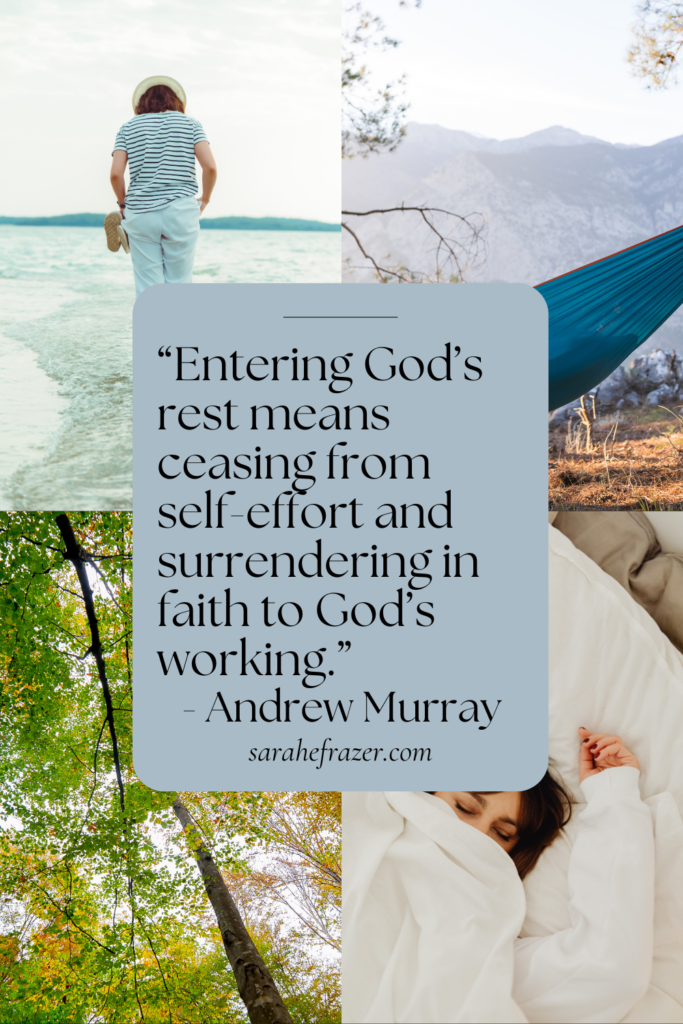 Entering God's rest quote with background of four restful images in a collage of blues and greens