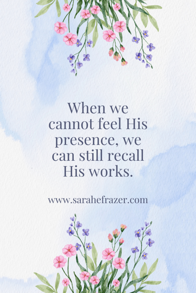 quote about God's presence with soft blue background and flower bouquets of pink and purple flowers