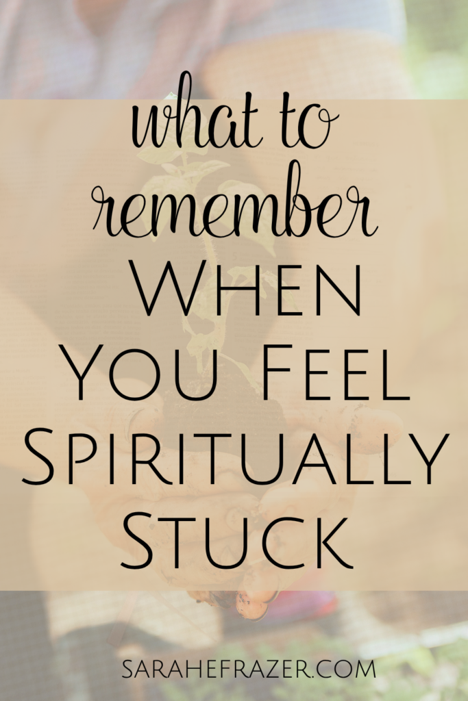 a faded image of a woman gardening with large text overlay: what to remember when you feel spiritually stuck