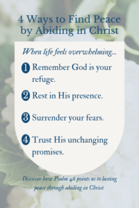 4 Ways to Find Peace by abiding in Christ graphic with white hydrangea in background