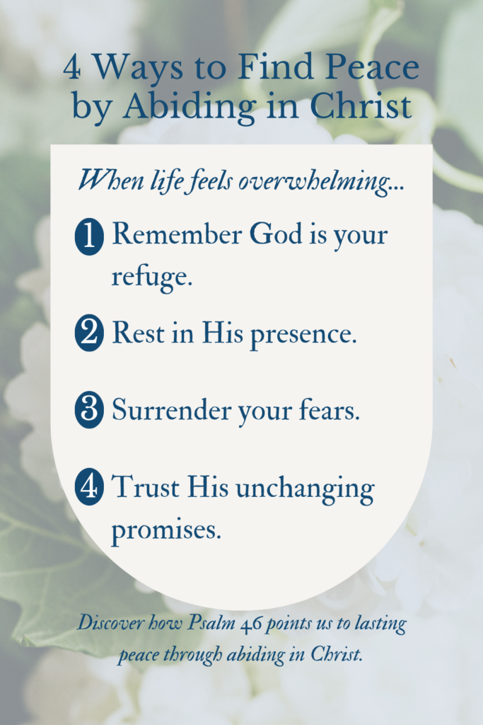 4 Ways to Find Peace by abiding in Christ graphic with white hydrangea in background