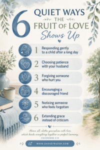 AI created infographic image titled 6 quiet ways the fruit of love shows up in a soft blue colorway with relaxing images