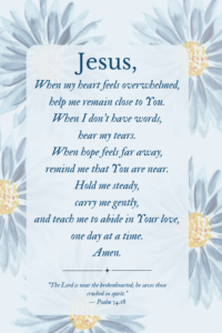 Prayer for the Brokenhearted with soft daisy watercolors in the background