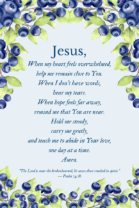 a prayer for when your heart feels heavy on a blue background with blueberry fruit n the corners