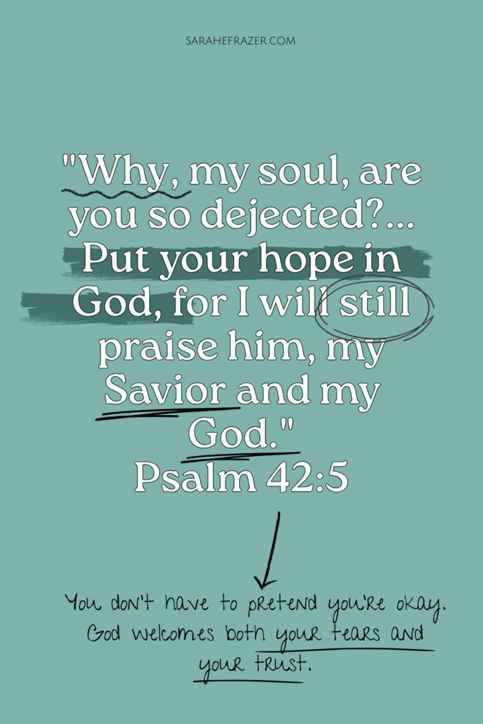 A graphic of Psalm 42:5 with mark ups like underline, highlights and circles