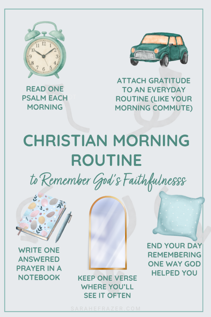 Christian morning routine ideas with watercolor illustrations in teal and gray colors