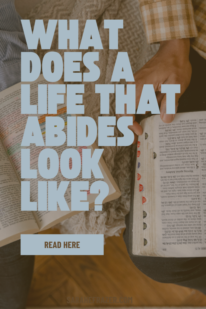 what does a life that abides look like? text in blue letters with open Bibles in two peoples laps
