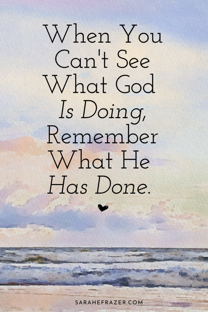 quote about when God is silent on watercolor beach painting in serif font. 