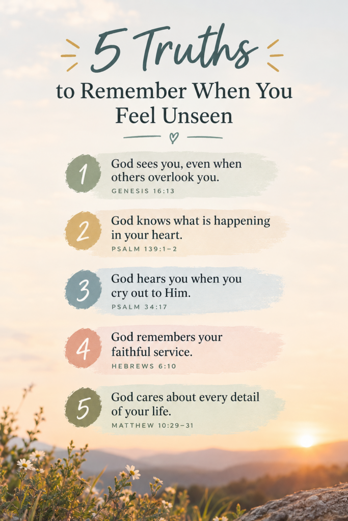5 Truths to Remember When You Feel Unseen infographic in soft color palette with sunset in background