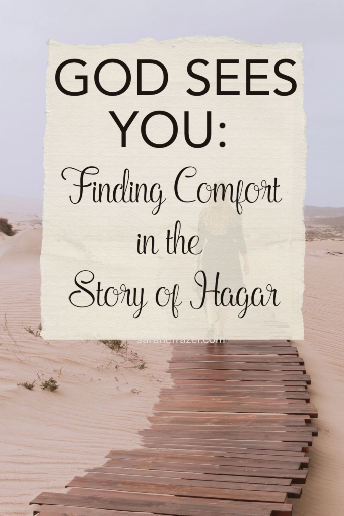 God sees you the story of Hagar text over a woman walking on a boardwalk through sand